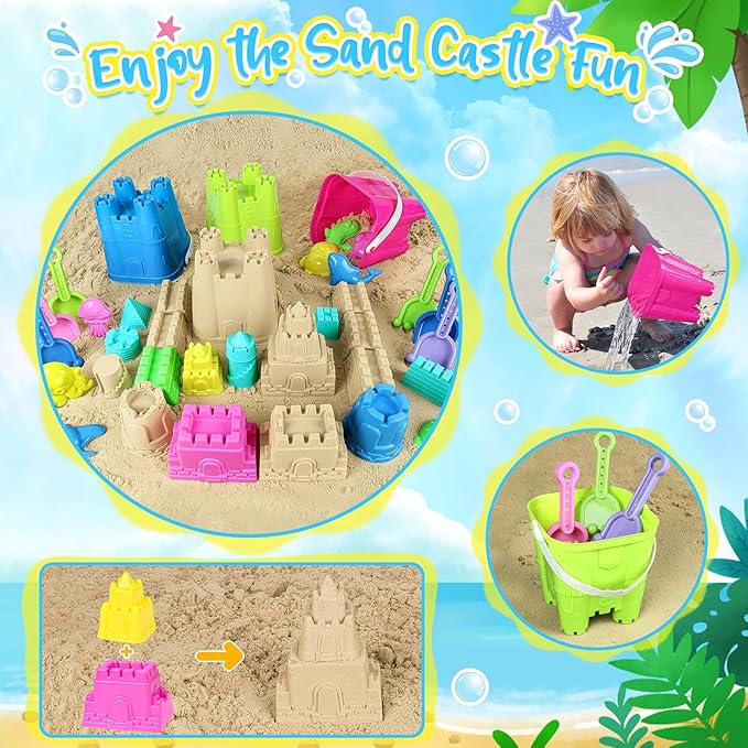 Beach Toys for Toddlers, Sand Castle Toys with 3 Bucket, 6 Shovels, Mesh Bag & Sandbox Molds Travel Sand Toys for Beach Sandbox Toys for Toddlers Kids Baby Boys Girls Age 3-10