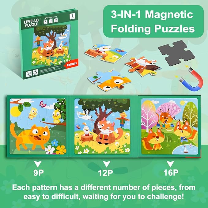 ASTARON Magnetic Puzzles for Toddlers, 9-12-16 Pieces Animal World Learning Magnet Puzzles for Road Trip, Educational Travel Toys Car Plane Activities for Kids, Kids Birthday Gifts