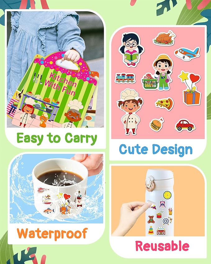 Benresive Reusable Sticker Book for Toddlers 2-4 Years, 3 Sets Travel Stickers for Kids, Waterproof Sticker Books for Toddlers 1-3, Crafts Activities for Todddlers 1-3 2-4 3-5