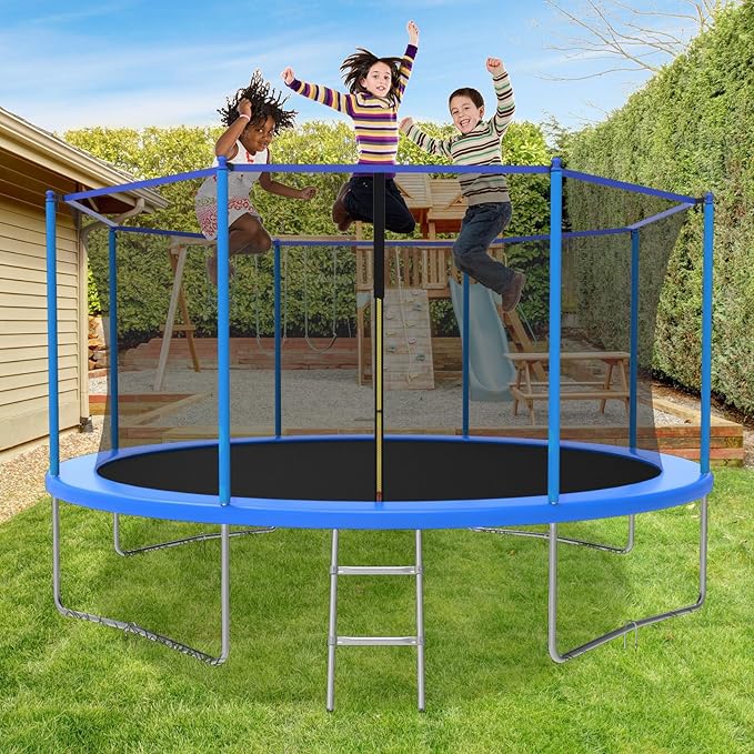 10FT/12FT/14FT Trampoline for Kids and Adults - Outdoor Trampoline with Safety Net - Anti Rust - ASTM Approved - Blue