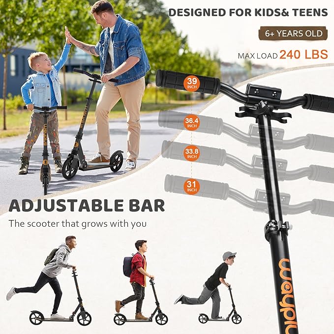 Kick Scooter for Ages 6+,Kid, Teens & Adults. Max Load 240 LBS. Foldable, Lightweight, 8IN Big Wheels for Kids, Teen and Adults, 4 Adjustable Levels. Bearing ABEC9