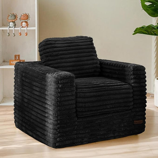 MAXYOYO Kids Bean Bag Chair, Comfy Faux Fur Bean Bag Sofa with Filler, Upholstered Floor Sofa with Pillows and Armrests, Lazy Floor Chair Couch for Boys and Girls, Black