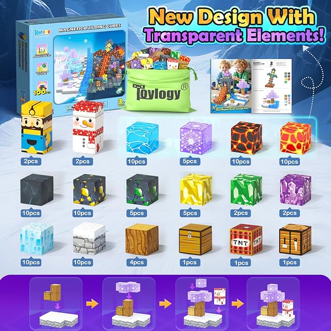 100PCS Large Magnetic Blocks-Build Mine Magnet World Ice Mine Sword Toddlers Toys for Kids Magnet Transparent Building Blocks Sensory Learning Toys for Boys and Girls Ages 3 4 5 6 7 8-12 Birthday Gift