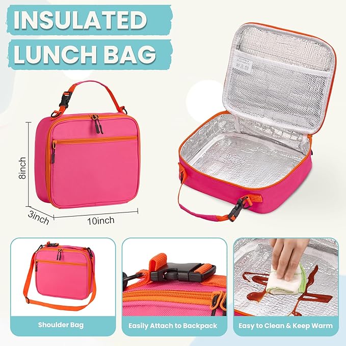 PIQUEBAR Kids Lunch Box with 8oz Thermo, Leakproof Bento Box with Insulated Bag, Kids Insulated Water Bottle with Straw, Food Lunch Container for Back to School Girls Boys, Pink