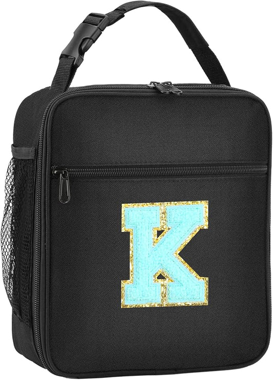 Initial Insulated Lunch Bag, Lunch Box with Initial Letter Patch for Teen Adult, Reusable Lunch Bag for Men Women, Ideal Back to School Gift Birthday Gift, Blue K