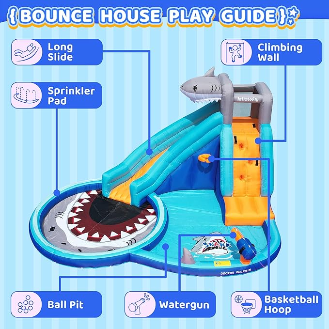 INFLATEBLE Waterslide Bounce House, Shark Blow-up Bouncer Toddlers Water Park Kids Bouncy Castle for Wet and Dry