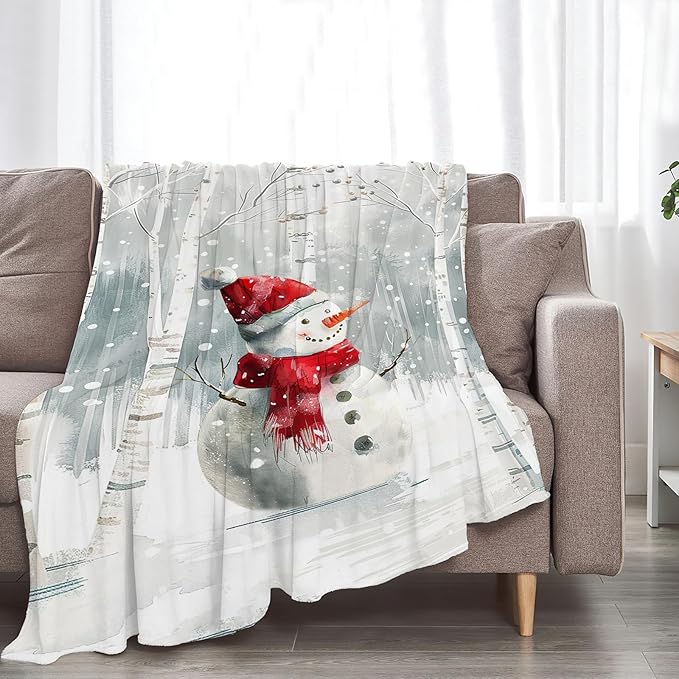 Snowman Blanket Ultra Soft Cozy Birch Tree Snowman Throw Blanket Fleece Fuzzy Plush Winter Christmas Blanket Decor Gifts for Women Girls Adults Couch Sofa 80"x60"