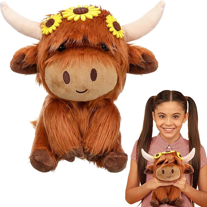 1 Pcs Fall Thanksgiving Highland Cows Stuffed Fall Brown Cute Sunflower Animal Stuff Fluffy Cattle Dolls Farm Plush Toy for Men and Women Autumn Party Gift Decoration