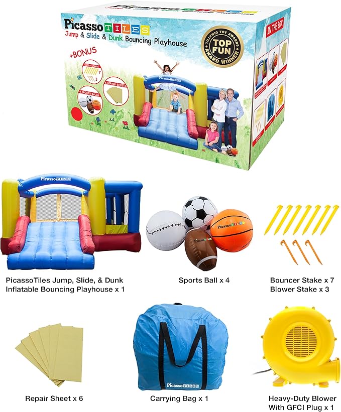 [Upgrade Version] PicassoTiles KC102 12x10 Foot Inflatable Bouncer Jumping Bouncing House, Jump Slide, Dunk Playhouse w/Basketball Rim, 4 Sports Balls, Full-Size Entry, 580W ETL Certified Blower