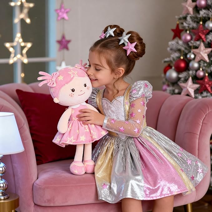 Onetoo First Baby Doll Plush Baby Girls Dolls Rag Doll Soft Baby Doll for Girls Sleeping Cuddle Buddy Doll Wear Star Pink Sleeveless Dress 14"