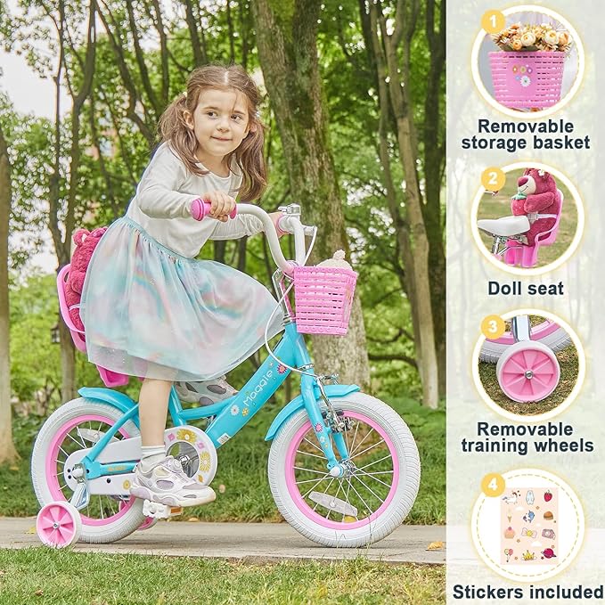Glerc Maggie Girls Bike, 12-20 Inch Kids Bike for 2-13 Years Old Children, Princess Style Kids Bicycle with Doll-Seat & Basket & Training Wheels, Multiple Colors