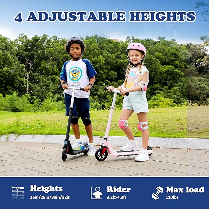 Caroma Electric Scooter for Kids Ages 6-14, 180W/150W Motor & 10 Mph, 85 Mins Ride Time, Adjustable Height & Speed, LED Display & Colorful Lights, Kids Electric Scooter, Best Gifts for Girls and Boy