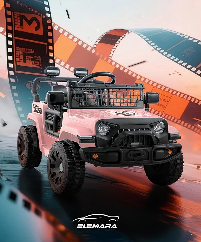 ELEMARA 12V Ride on Toys, Electric Vehicles for Kids w/3 Speeds, 3.5 mph Max, Ride on Car with Remote Control, Motorized Truck, Toddler Electric Car w/Bluetooth, LED Lights,Shock Absorbers-Light Pink