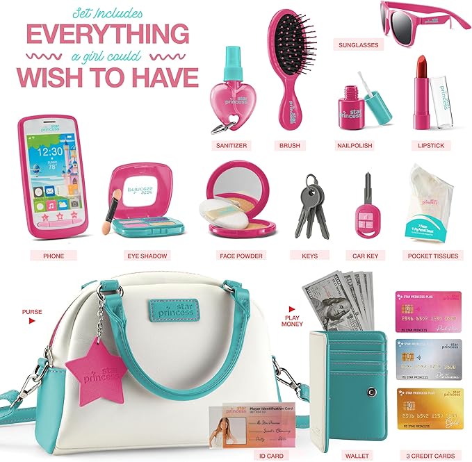 Little Girls' Play Purse - Pretend Play Accessories: Toy Phone, Wallet, Credit Cards, Keys, Makeup for Role Playing, Ages 3-8