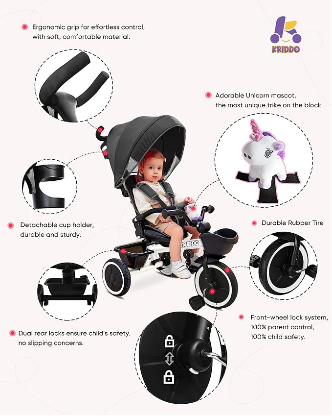 KRIDDO 7-in-1 Tricycle Stroller for Toddlers 18 Months to 5 Years, Adjustable Push Handle, Rotatable Seat, Cup Holder and Retractable Canopy, Folding Baby Trike w/Detachable Guardrail, Footrest, WH