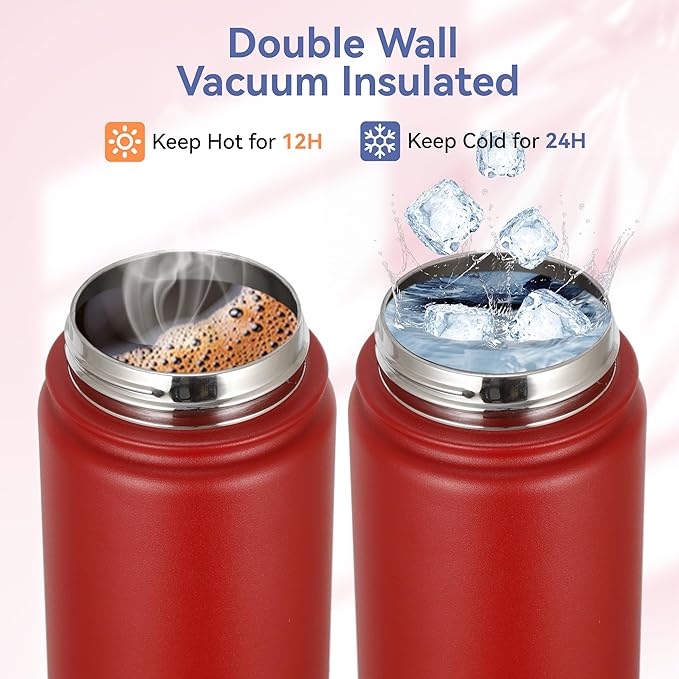 HASLE OUTFITTERS Insulated Water Bottle 16 oz Double Wall Vacuum Stainless Steel Water Bottle Leak Proof for School Wide Mouth with Straw Lid & Spout Lid Keeps Cold and Hot(Red,4pack)