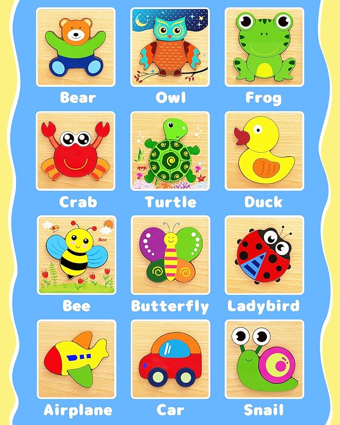Bekayshad Wooden Puzzles Toddler Toys Gifts for 1 2 3 Year Old Girls Boys, 12 Pack Animal Jigsaw Puzzles Montessori Toys, Learning Educational Birthday Gifts for Girls Boys Ages 1-3