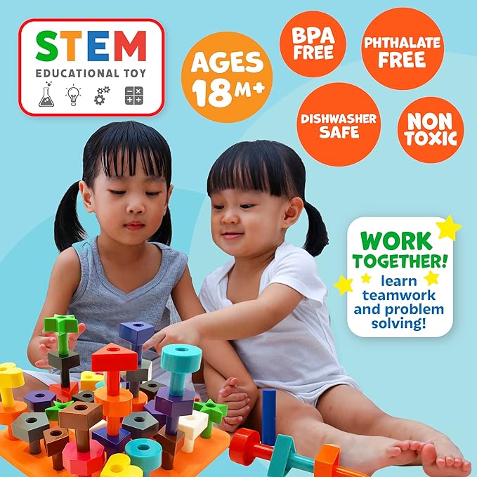 Skoolzy Toddler Peg Board 38 pcs with ebook - Pegboard for Toddlers - Stacking Peg Board - Color Matching & Shape Recognition Toy for Toddlers 3+