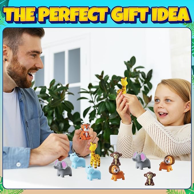 Mini Zoo Animals Bath Toys - (Pack of 12) Vinyl Rubber Jungle Safari Animal Figures, Squeezable Bath Tub Toys for Kids, Baby Shower, Birthday Party Supplies, Favors, Cake Decor, Table Decorations