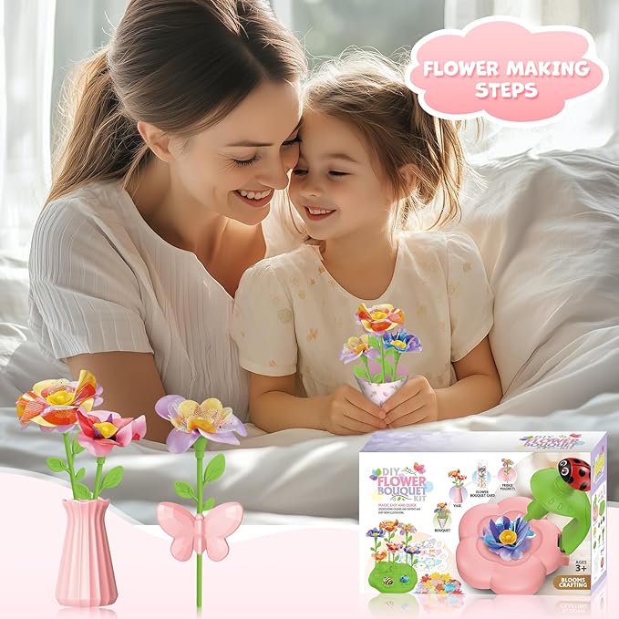 XIKBDU DIY Art Flower Toys, Arts and Crafts Activity Kit for Kids Ages 3-12, Fabric Bouquet Craft with Light&Music for Toddler, Christmas Birthday Gifts for 3 4 5 6 7 8 9 10 11 12 Year Old Girl