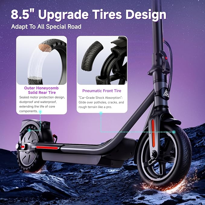 TST Electric Scooter for Adults, 19 Mph Top Speed, 15 Miles Long Range, 8.5" Solid and Pneumatic Tire, Commuting Electric Scooter with Cruise Control, Double Braking Systems App Control
