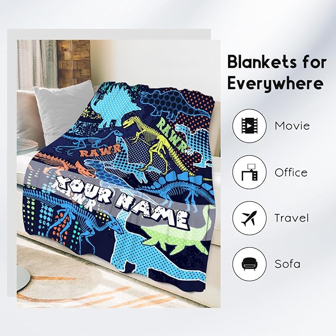Personalized Dinosaur Blanket for Boys Girls, Dinosaur Gifts for Boys, 30"x40" Toddler Blankets for Children, Custom Kids Throw for Couch Sofa Chair, Soft Fuzzy Cozy Girls Gifts Room Decor