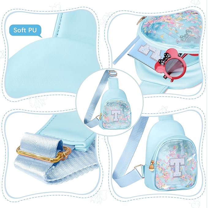 COSHAYSOO Personalized Christmas Birthday Gifts Burr Basket Stuffers for Girls Blue Purse Sling Bag Crossbody Girl Cute Funny Cool Mini Travel Fashion Accessories Monogrammed Initial Letter T