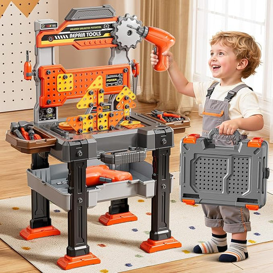 2 in 1 Workbench Toys for Toddlers 3-5, Kids Tool Bench Set with Electric Drill and Realistic Tool, Pretend Play Toolbox, Birthday Gifts for Boys Age 3 4 5 6 7 8 Year Old