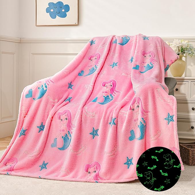 QSTEHEML Mermaid Gifts Toys for Girls Kids,Glow in The Dark Blanket Birthday Christmas Soft Luminous Throw Blanket for Age 3-12 Years Old Toddler Teens Child Daughter 50"x60"