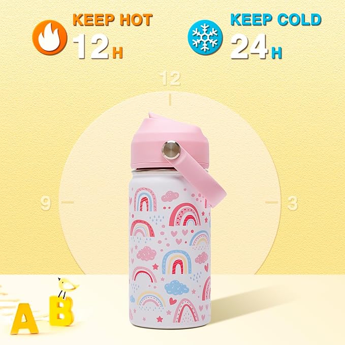 14oz Kids Insulated Water Bottle with Straw Lid - 18/8 Stainless Steel Kid Cup Travel Tumbler Double Wall Vacuum Leak Proof Portable Toddler Water Bottle (Rainbow + Mermaid)