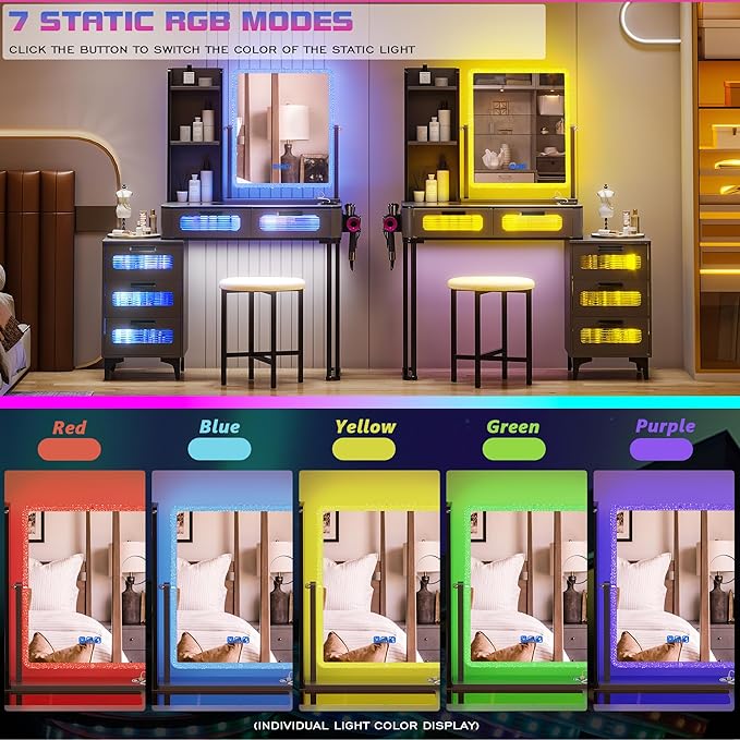 HNEBC Vanity with LED Mirror, Glass Top Dresser with Wireless Charging Station for Bedroom, Small Makeup Desk with 6 Drawers, Girls Dressing Table with Auto RGB Lighted for Christmas (5078-Grey)