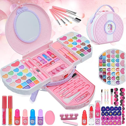 Kids Makeup Sets for Girls - Washable and Safe Makeup for Kids with Dresser Vanity Case, Girls Makeup Sets Ages 3-12, Christmas Birthday Gifts Toys for 4 5 6 7 8 9 Year Old Girl(Pink Purple)