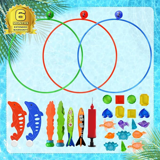 Jasonwell Pool Toys Diving Rings - 28PCS Swim Thru Rings Pool Game Diving Toys with Dive Ring Underwater Treasures Torpedo Bandits Fish Toy Fun Water Swimming Toy for Boys Girls Kids Teens Adults