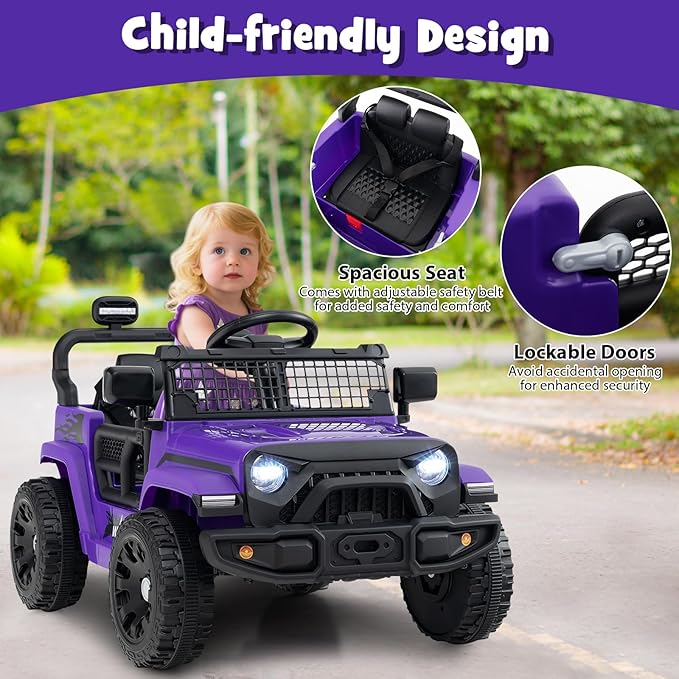 Costzon Kids Ride on Car Truck, 12V Electric Vehicle w/Foldable Mirrors, 3 Speeds, LED Lights, Music & Horn, Ride on Toys Remote Control Car for Toddlers, Boys & Girls (Purple,34" × 23" × 21")