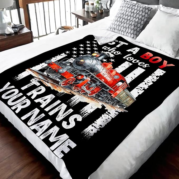 Personalized Train Blanket for Boys Men - Cute Throw Blanket Gifts for Kids Cars Lovers - Custom 60x80 Inches Black Soft Car Blankets for Sofa Couch - Trains Stuff Bedroom Decor