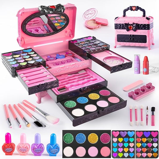 Kids Makeup Sets for Girls, 66pcs Real Cosmetic for Kids Toys with Mirror, Princess Washable Girls Makeup Kit, Non-Toxic & Safe Brithday Gifts for 3 4 5 6 7 8 10 - 12 Years Old（Pink Black）