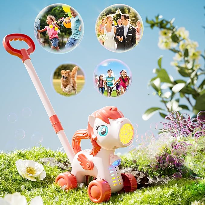 Pink Bubble Lawn Mower for Toddlers, Automatic Bubble Machine Maker for Kids, Summer Outdoor Yard Garden Activity Push Toys, Birthday Gift for Boys Girls 3 4 5 Year Old
