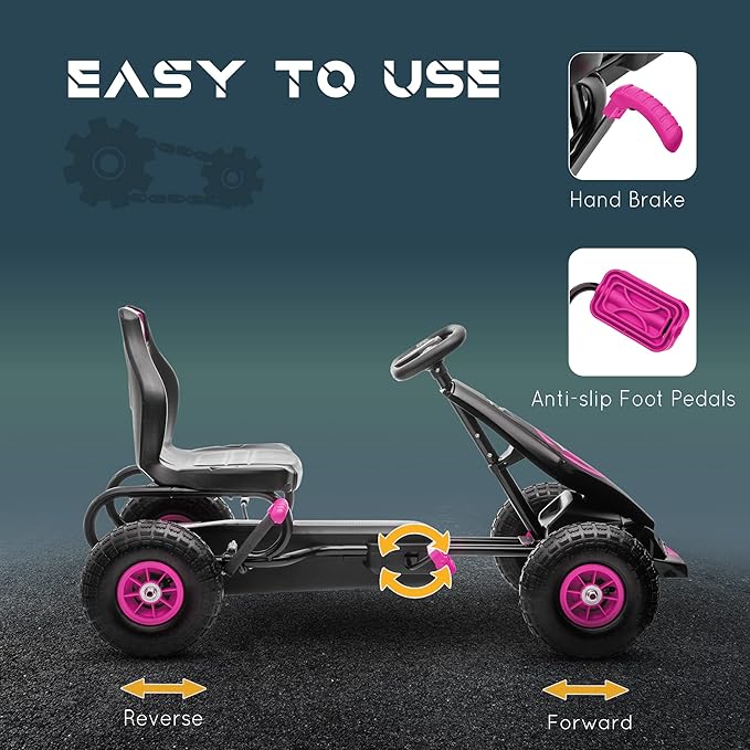 Aosom Kids Pedal Go Kart Ride-on Toy with Ergonomic Comfort, Pedal Car with Tough, Wear-Resistant Tread, Go Cart Kids Car for Boys & Girls with Suspension System, Safety Hand Brake, Ages 5-12, Pink