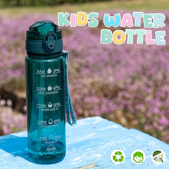 OLDLEY 17oz Kids Water Bottle for school Girls Boys, Motivational Water Bottles With Silicone Straw, Leak-Proof Tritan BPA-Free, Reusable water bottles for kids, Trout Green