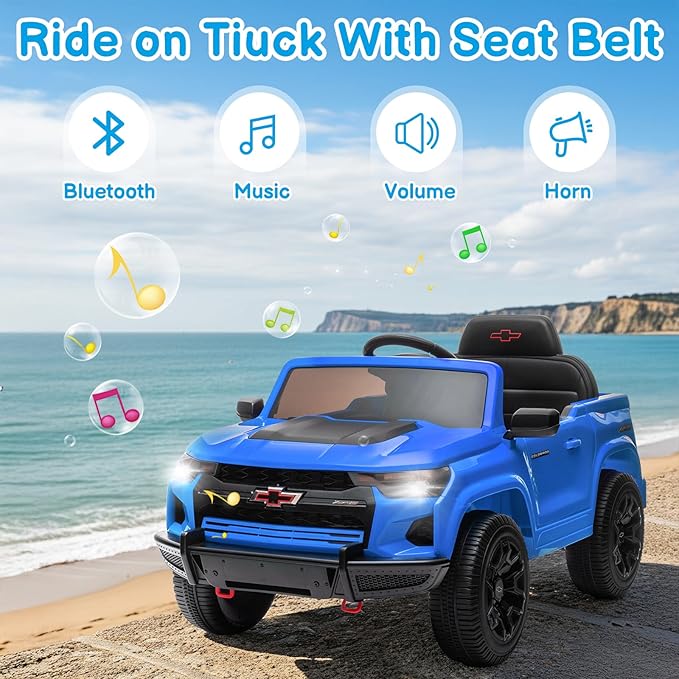 Winado Licensed Chevrolet Colorado Electric Car for Kids, 12V Ride on Toys for Toddlers with Remote Control, Battery Powered Electric Car Ride On Vehicle w/Bluetooth, Soft Start, LED Lights - Blue