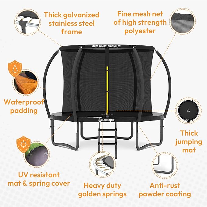 JUMPZYLLA Trampoline Outdoor 8FT 10FT 12FT 14FT 15FT 16FT with Enclosure and Ladder, ASTM Approved Recreational Trampoline for Kids and Adults, Anti-Rust Coated Frame