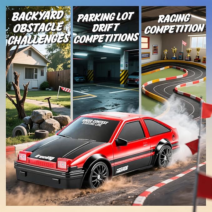 SANCO 1:24 RC Drift Car with LED Lights, 2.4GHz Remote Control Car, Includes 2 Batteries & 2 Sets of Tires for Racing & Drifting, Electric Hobby Racing Toy for Adults, Boys & Kids(Red)