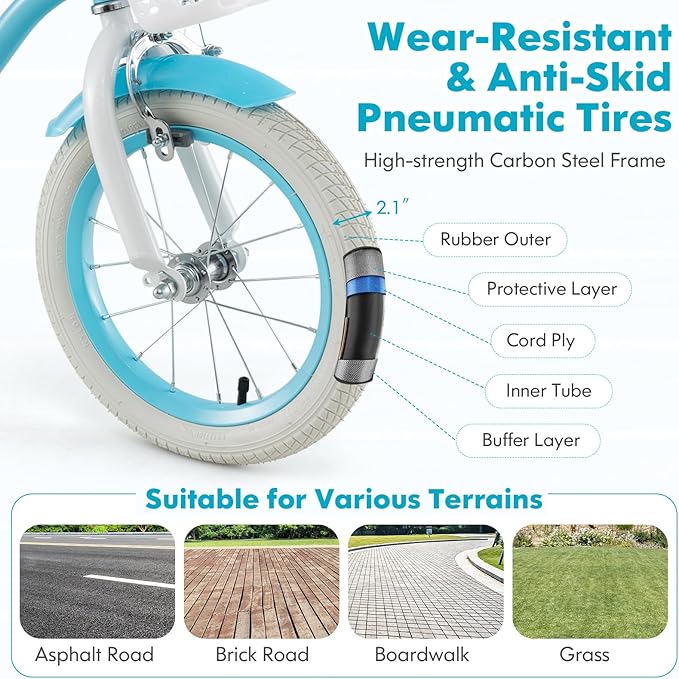 COSTWAY Kids Bike, 12 14 16 18 Inch Toddler Bike Children Bicycle w/Training Wheels, Hand & Coaster Brakes, Adjustable Saddle & Handlebar, Basket, Bell, Kids Bicycle for Girls Boys Aged 3-8 Years Old