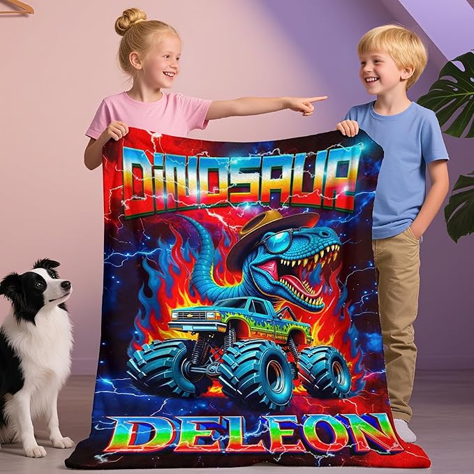 Custom Truck Blanket with Name Personalized Dinosaur Throw Blanket for Boys Cars Lovers Gifts for Couch Sofa Bed Decor(Boy-04)