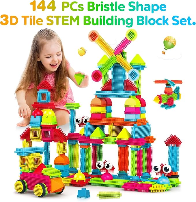 Contixo 144 pcs Bristle Shape 3D STEM Building Toys, Construction Learning Stacking Educational Block, Creativity Beyond Imagination, Inspirational, Safe & Durable, Recreational Toy for Kids Ages 3-8