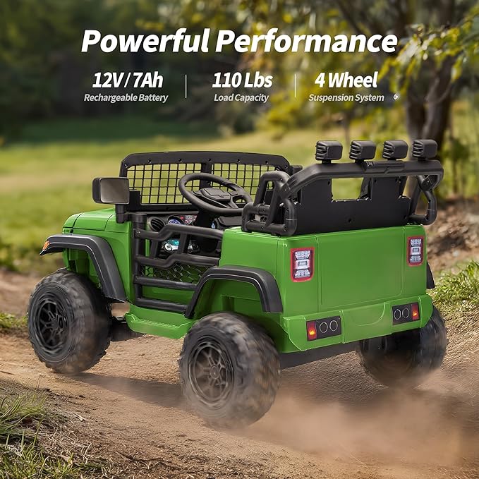 2 Seater Ride on Car Toy, 12V Electric Car for Kids 4-8 with Remote Control, Capacity 110 lb, LED Light - Army Green