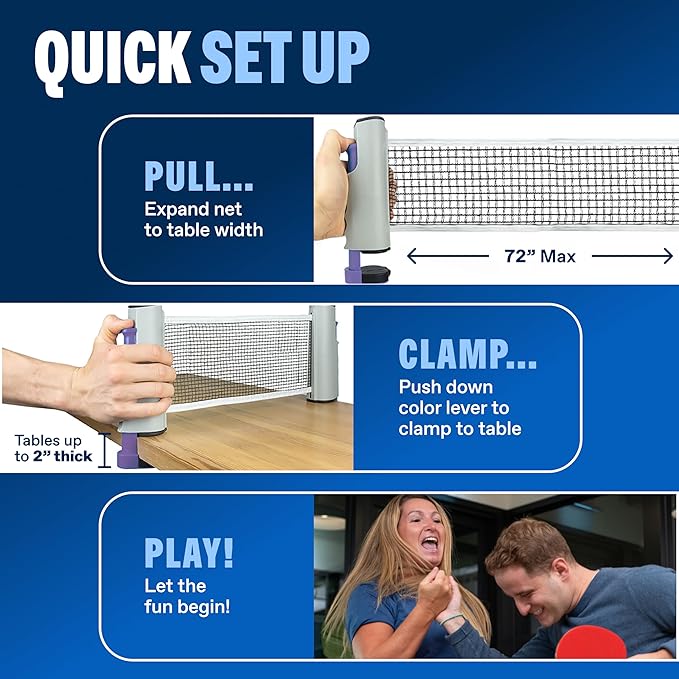 PRO-SPIN Portable Ping Pong Set with Retractable Ping Pong Net for Any Table, All-in-One Table Tennis Set with Ping Pong Paddles, Balls & Case, Table Top Family Game