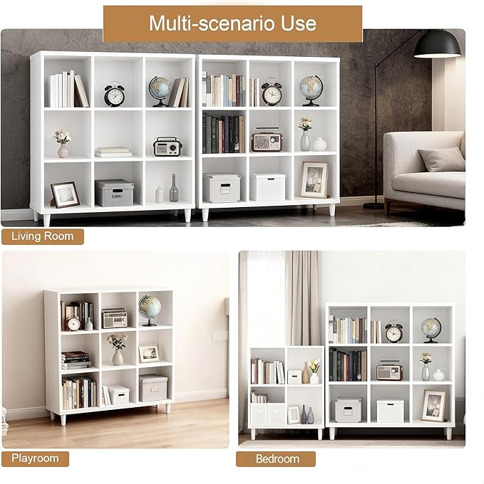 9 Cube Storage Organizer | White Bookshelf|3 Shelf Bookcase |Long Bookshelf| -Cubic Storage Cabinet（Storing Books,Toys & More Easy to Install）