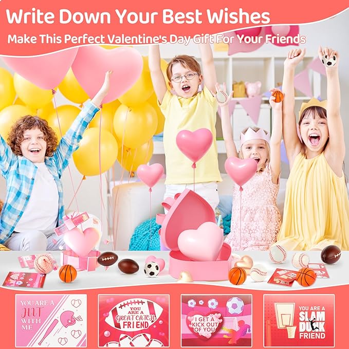 LiYiQ 28Pcs Valentines Day Gifts Cards with Basketball Soccer Football Baseball Stress Ball for Kids 2.36 Inch Sports Stress Balls Foam Bouncy Balls Ideal Valentine Gifts for Kids Classroom Exchange