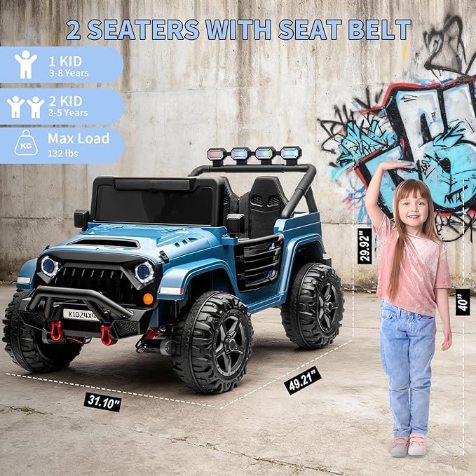 2 Seater Ride on Car Toy for Kids, 24V 4x4 Ride-on Truck, w/Parent Control, Soft Start, 3 Speed, 4-Wheeler Suspension, Bluetooth, LED Lights, Electric Car for Kids Toddler Ages 3-8, Lake Blue